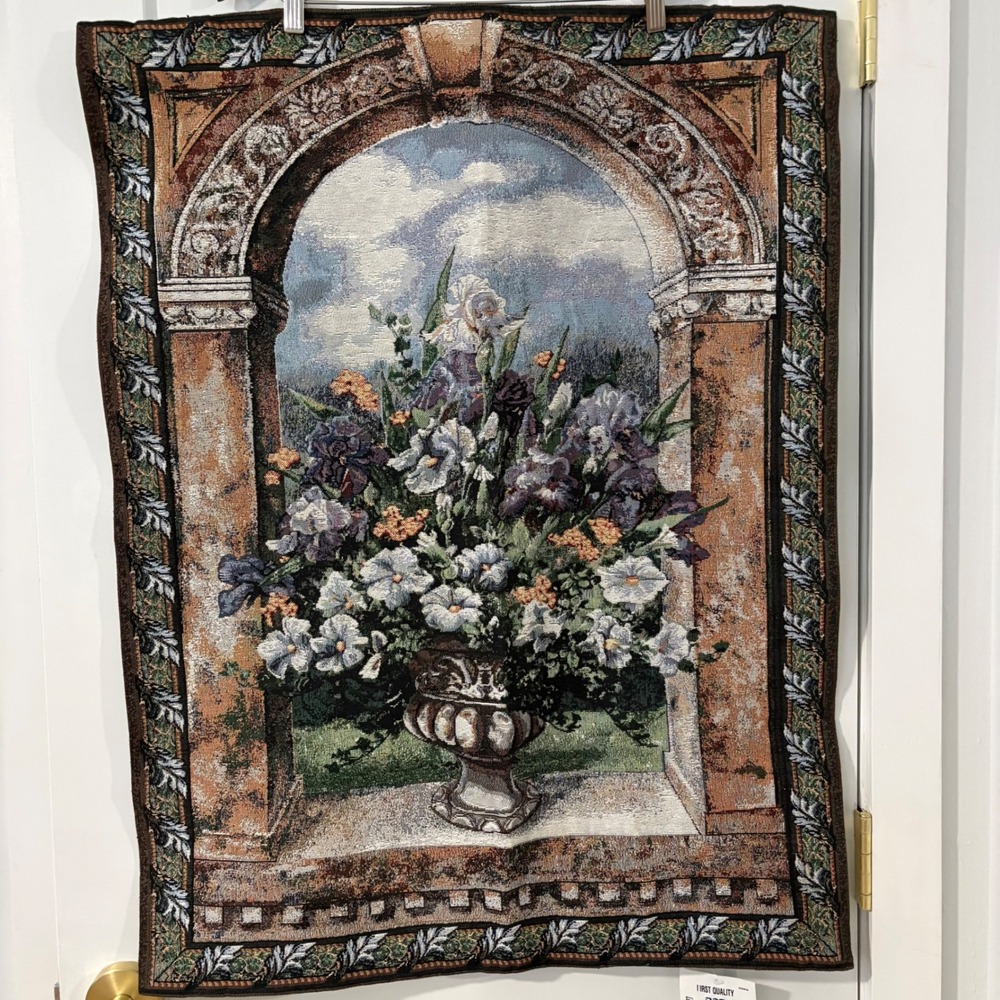 Sea Gull Floral Tapestry Wall Hanging Iris Flower Urn Archway Woven Art 34x26